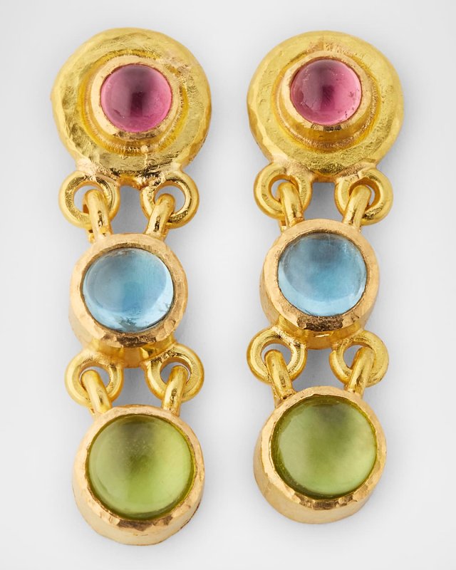 19K Yellow Gold Tutti Frutti Chandelier Earrings with Pink Tourmaline, Aquamarine and Peridot
